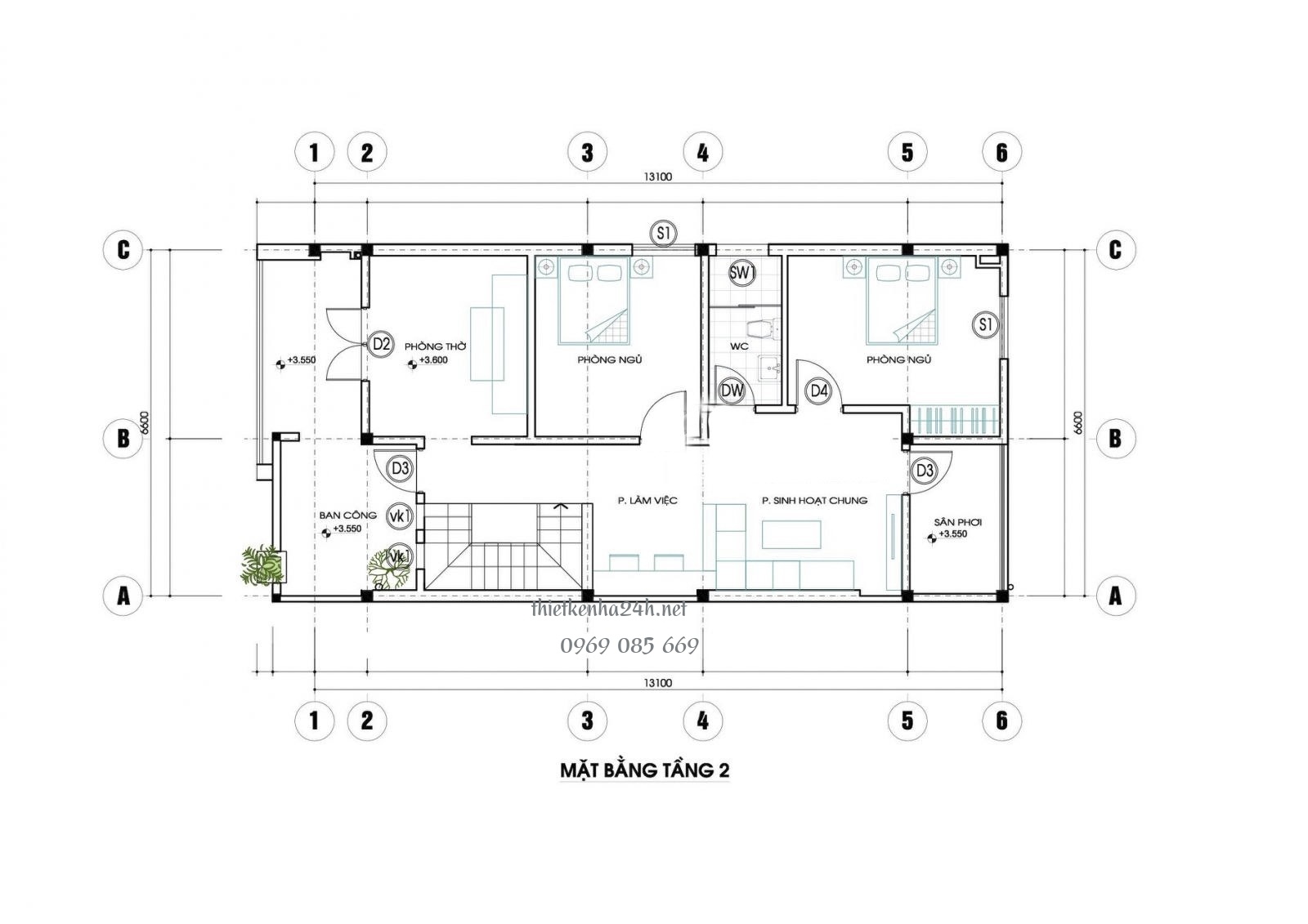 Bản vẽ tầng 2 của nhà 2 tầng 3 phòng ngủ