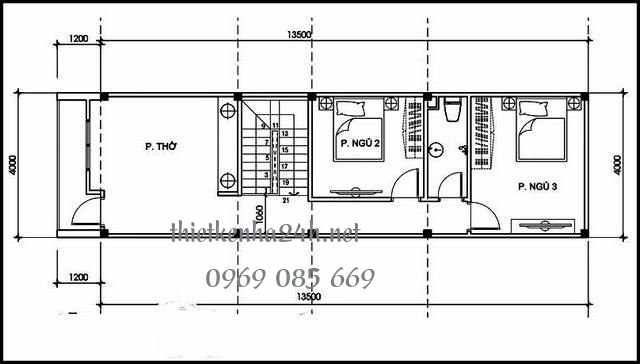 Bản vẽ thiết kế tầng 2 nhà 2 tầng 3 phòng ngủ 