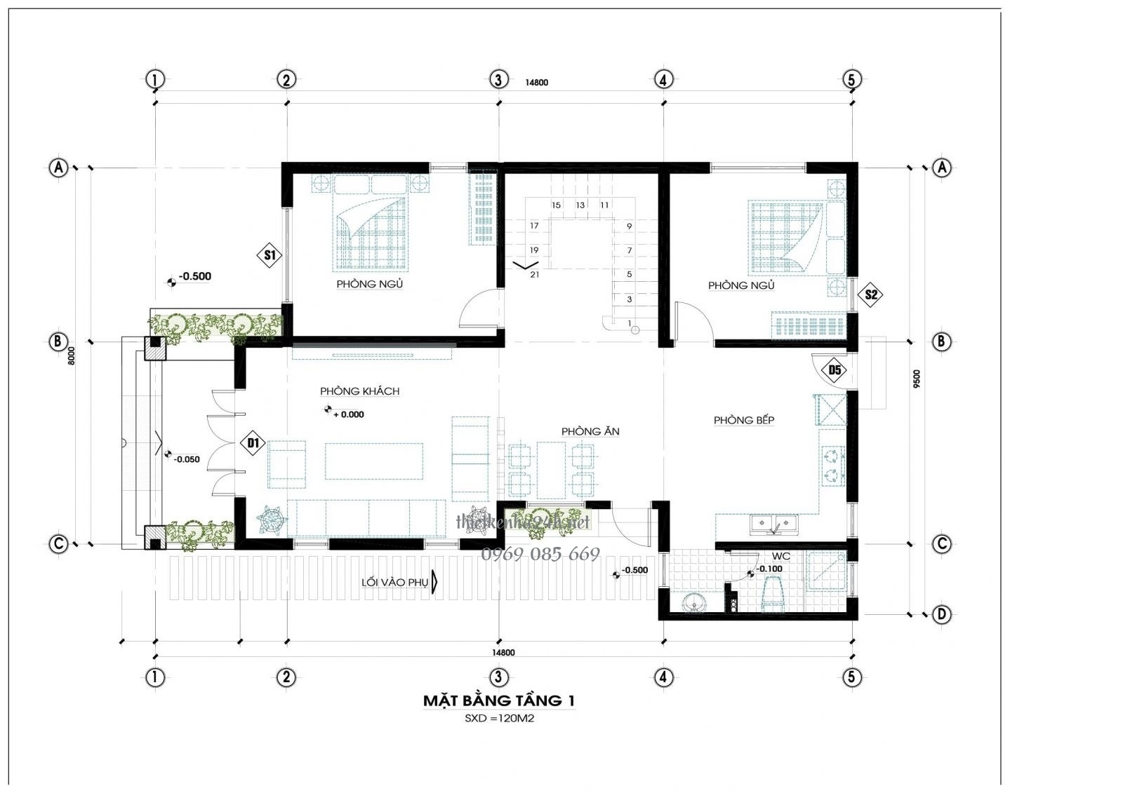 Mặt bằng tầng 1 nhà 2 tầng mái thái