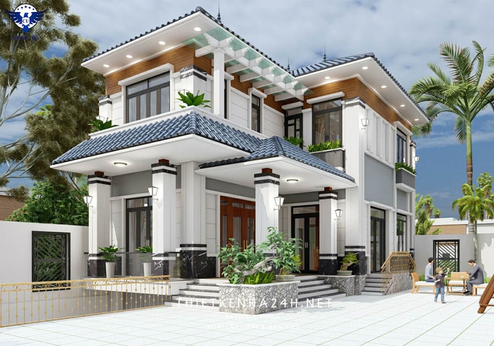 Mẫu nhà 2 tầng mái Nhật thiết kế có tầng hầm độc lạ